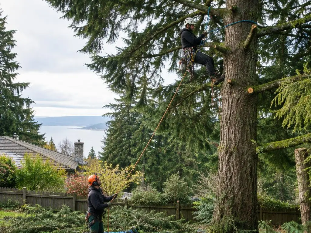 Climber rigging a large fir with ground crew managing the lowering rope
